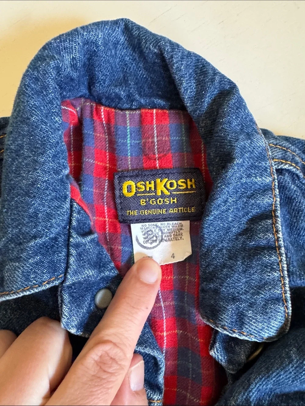 Vintage 80s OshKosh B'gosh Blue Denim Jacket with Red Plaid Accents